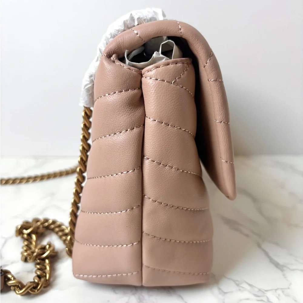 New Tory Burch Kira Chevron Small Leather Shoulder Bag Beige Neutral